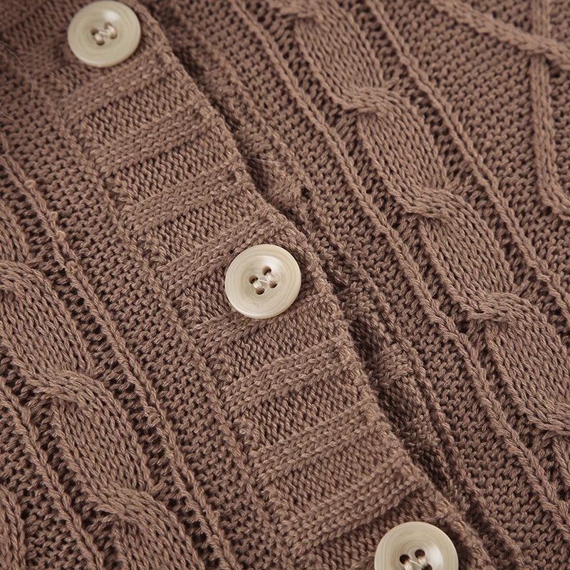 Y2K Brown Buttons Crop Sweater with Detachable Fur Collar Autumn Vintage 2000s Knitted Cardigan Slim Winter Outfits