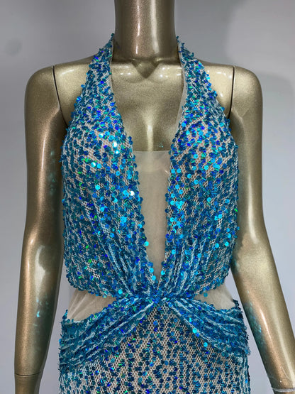 Halter Deep V-Neck Side Cutout Sequin Bodycon Maxi Gown