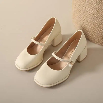 High Heel Leather Shoes Mary Jane Branded Pumps Chunky Sandals Shallow Mouth Clogs for Women Slip On Round Toe Latest Lolit