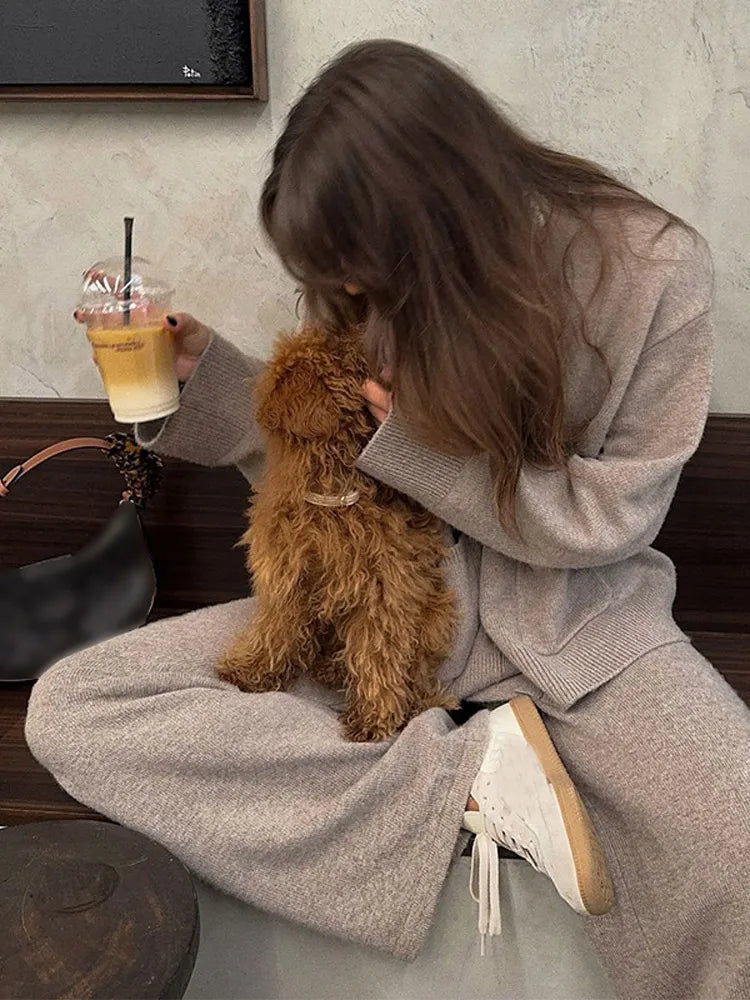 New Chic V-neck Buttons Cardigan Sets With Pockets Women's Solid Knitted Wide Long Pants Suit Lady Daily Streetwear Autumn