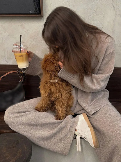 New Chic V-neck Buttons Cardigan Sets With Pockets Women's Solid Knitted Wide Long Pants Suit Lady Daily Streetwear Autumn
