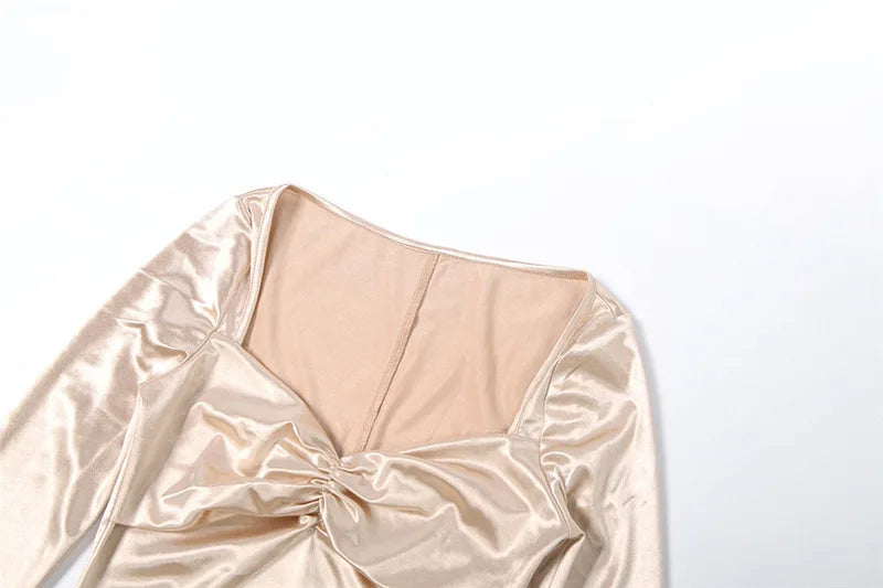 Women's Elegant Champagne Square Neck Long Sleeve Maxi Dress New Stylish Ruched Slim Bodycon Dress for Eveing Party Gown