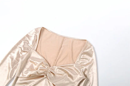 Women's Elegant Champagne Square Neck Long Sleeve Maxi Dress New Stylish Ruched Slim Bodycon Dress for Eveing Party Gown