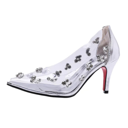 Silver Transparent Rhinestone High Heels Women 2025 Summer Banquet Red Bottom Fine Heel Crystal Wedding Shoes Tacones Mujer