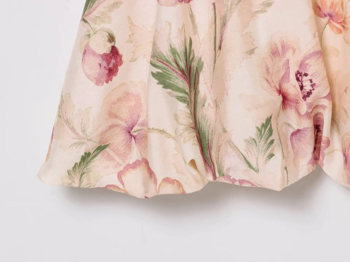 Fashion All-match Puff Sleeve Short Women Dress Round Neck Floral Print Chic New Dress Elegant Summer Woman Clothing