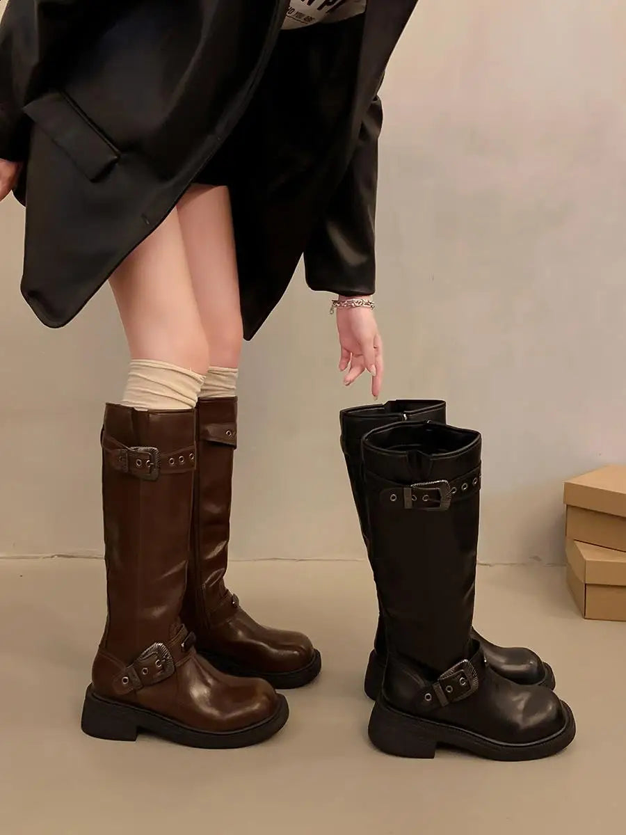 Round Toe Rock Shoes Woman Winter Boots Lady Zipper Sexy Thigh High Heels High Sexy Boots-Women Leather Rubber Autumn Med O