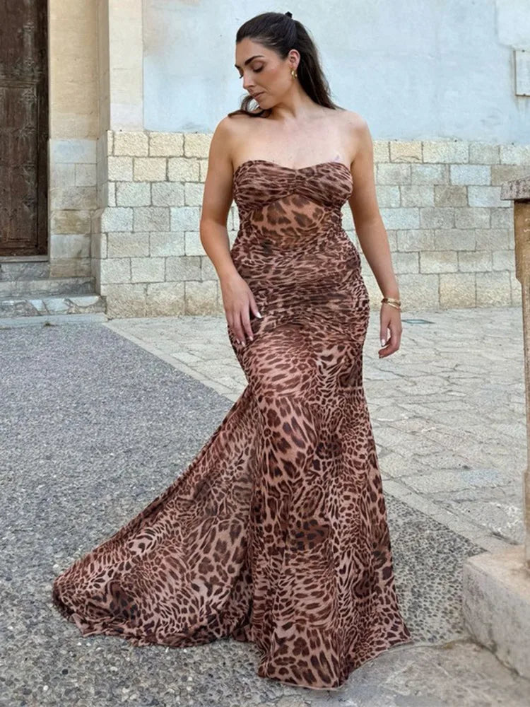 Leopard Print Backless Sexy Maxi Dress For Women Gown Halter Off-shoulder Sleeveless Bodycon Beach Long Dress Vestido