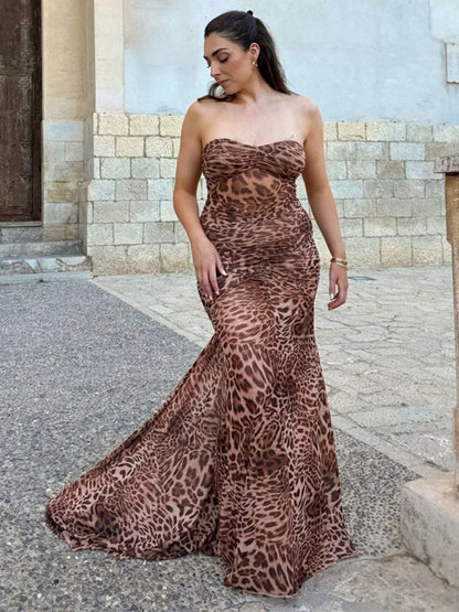 Leopard Print Backless Sexy Maxi Dress For Women Gown Halter Off-shoulder Sleeveless Bodycon Beach Long Dress Vestido