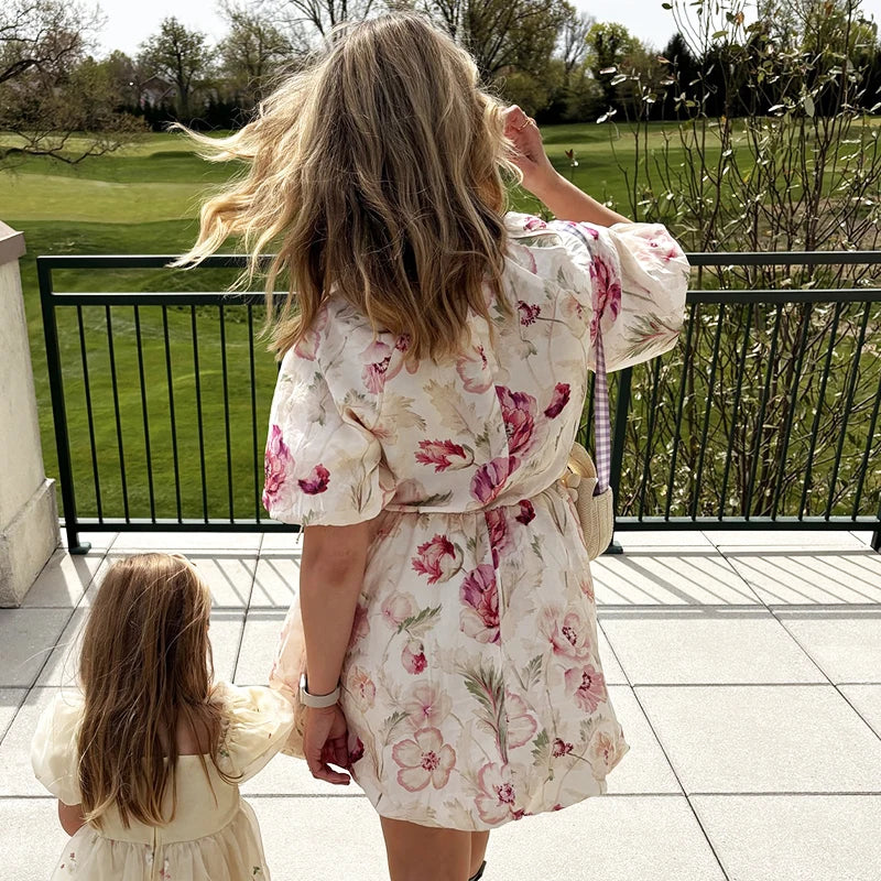 Fashion All-match Puff Sleeve Short Women Dress Round Neck Floral Print Chic New Dress Elegant Summer Woman Clothing