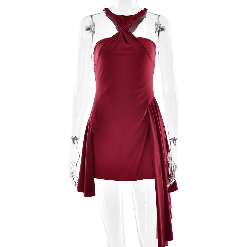 Red Stain Halter Neck Short Dress Christmas Party Evening Robe Autumn Winter Fashion Sexy Sleeveless Backless Vestidos