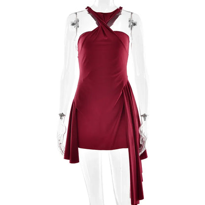 Red Stain Halter Neck Short Dress Christmas Party Evening Robe Autumn Winter Fashion Sexy Sleeveless Backless Vestidos