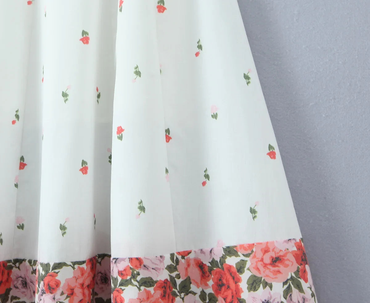 Flower Print Patchwork White Sling Elegant Dress Women Lace Up Bandage Back A-line Summer Dresses Chic Lady Holiday Robe 2025