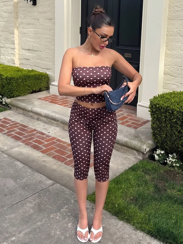 Women Simple 2-Piece Set Polka Dot Print Tank Top+Folds Elastic Waist Short Elasticity Chic Classic Summer Sreetwear