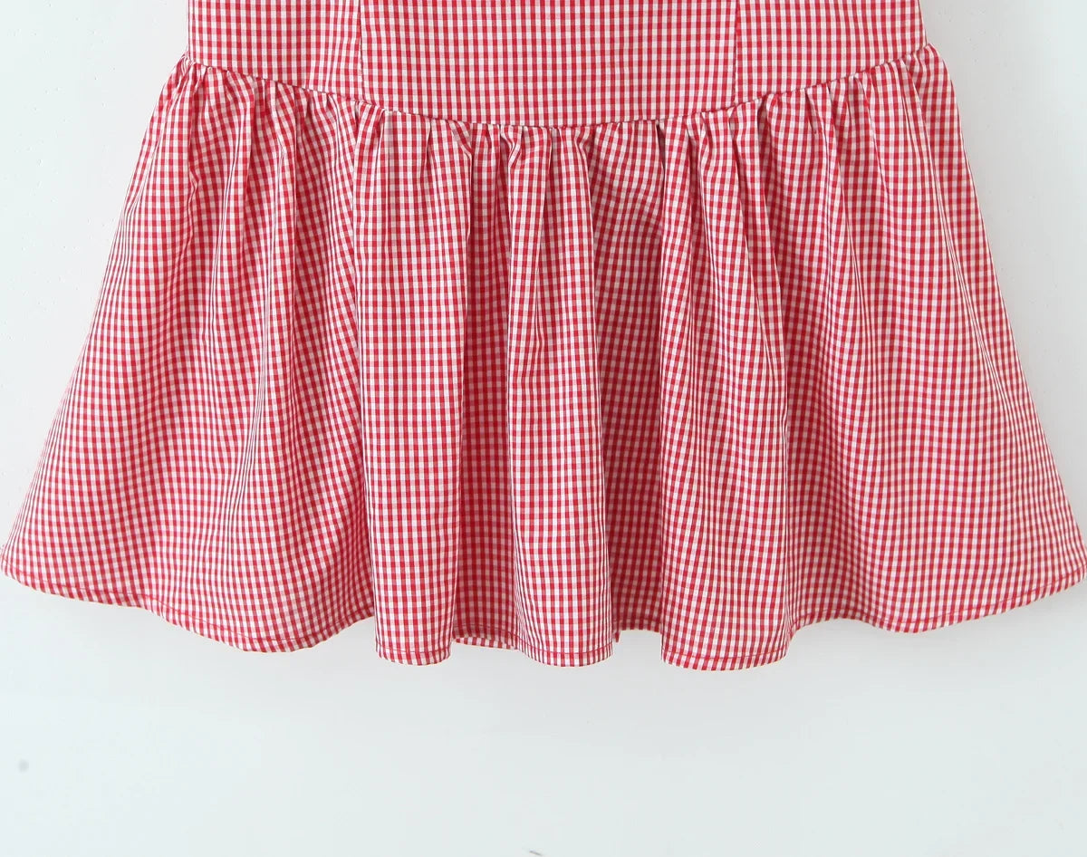 Fashionable Short Red Plaid Dress Women Sexy Backless A-line Mini Summer Halter Dress Vacation Robe 2026