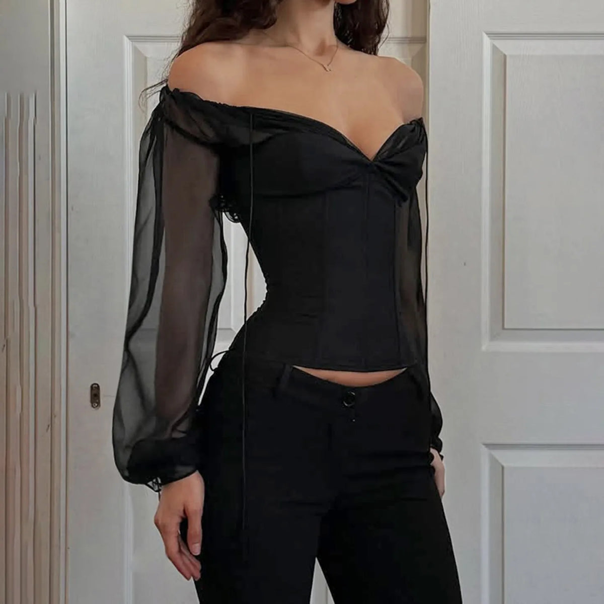 Mesh Patchwork Long Sleeve T-shirt Elegant Folds Milkmaid V-neck Top Sexy Corset Top French Style Skinny Clothing Fall