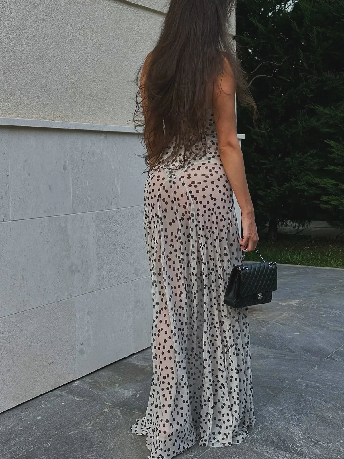 Women's Vintage Polka Dot Printed Midi Dress Summer Holiday Sleeveless Hem Transparent V-Neck Backless Casual Suspender Dress