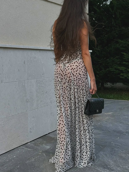 Women's Vintage Polka Dot Printed Midi Dress Summer Holiday Sleeveless Hem Transparent V-Neck Backless Casual Suspender Dress