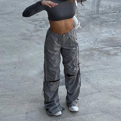 Spring Summer New Women Pleated Cut Out Drawstring Cargo Pants Street Chic Hip-hop High Waist Casual Trendy baggey Trousers