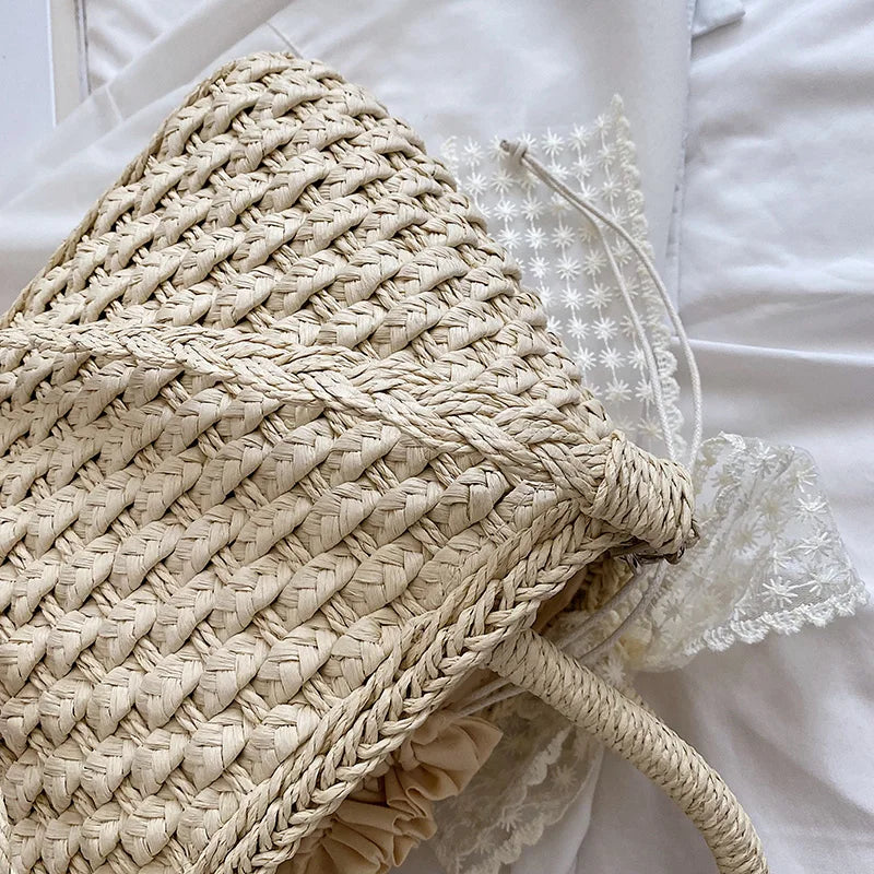 Luxury Designer Women's Hand Woven Straw Bag Summer New Bohemian Beach Seaside Travel Handbag Lace Bow Drawstring Tote Picnic