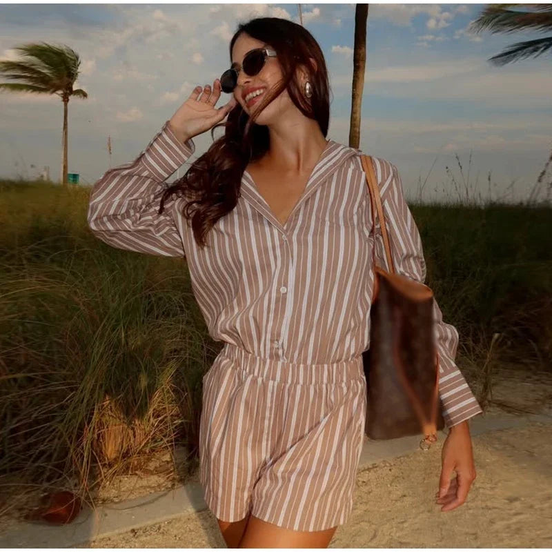 Casual Stripe Women Overalls Shorts Chic Long Sleeve Lapel Single Button Short Female Jumpsuit 2025 Summer Lady Street Romper