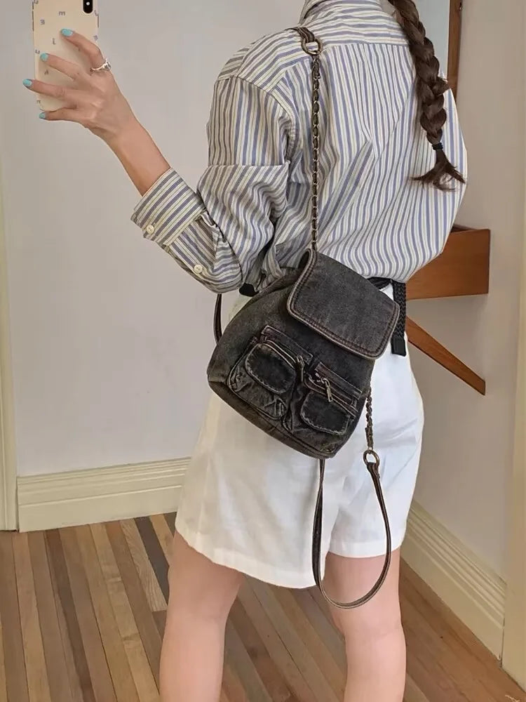New Retro Washed Denim Backpacks Causal Multifunctional Chain Bag Women's Backpack