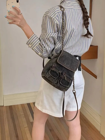 New Retro Washed Denim Backpacks Causal Multifunctional Chain Bag Women's Backpack