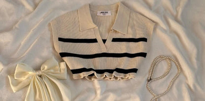 Womens Sweater Skirt Suit Fashionable Sexy Two Piece Set V Neck Vest Striped Knitted Patchwork Harajuku Y2K Mini Skirt Crop Tops
