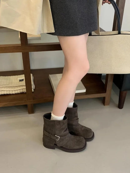 Fashion Metal Buckle Decoration Design Ankle Boots Women High Quality Retro Faux Suede Boots Comfortable Non-Slip Platform Boots