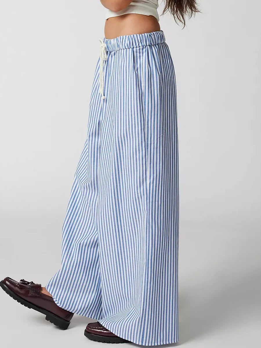 Summer Striped Casual Pants Women 2024 New Rise Low Waist Chic Drawstring Trouser Simple Fashion Wide Leg Pant Female Bottom