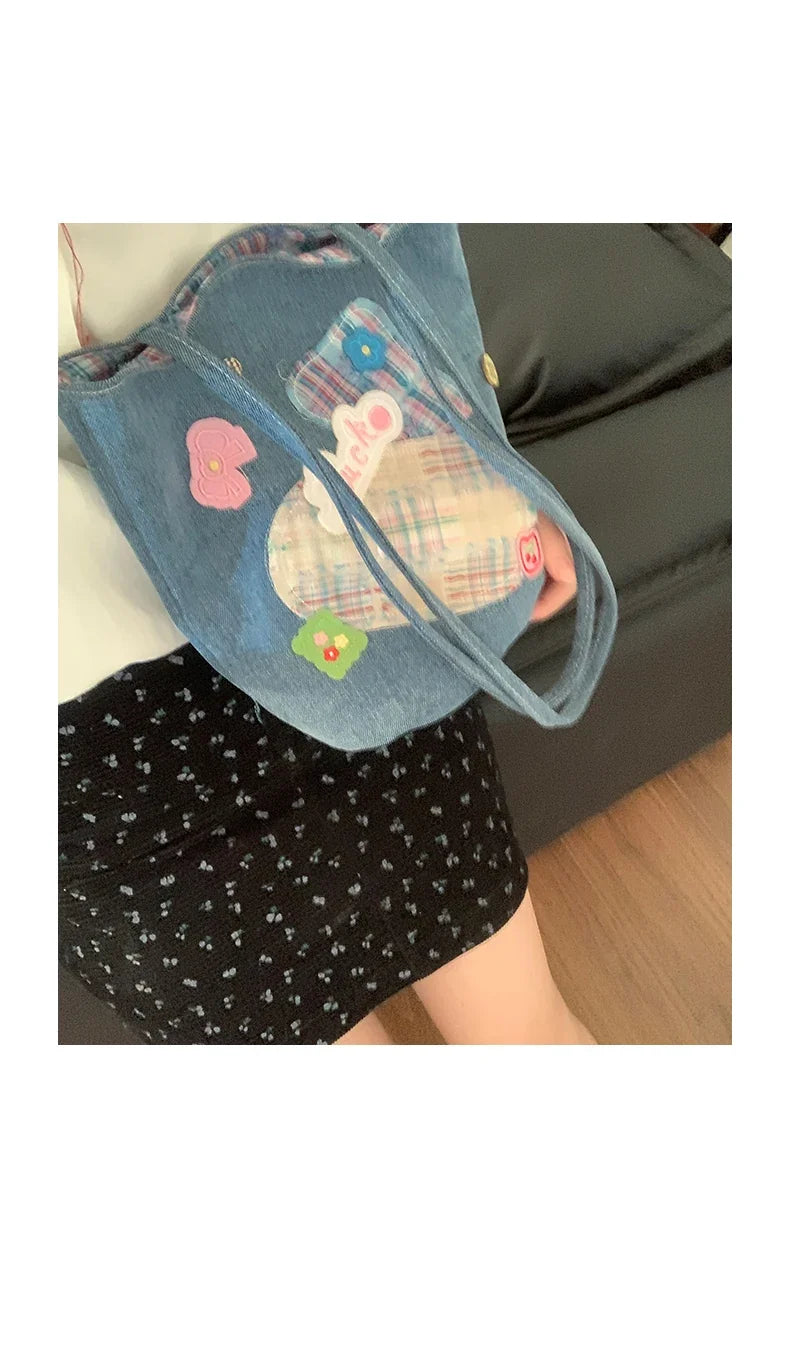 Patchwork Plaid All Match Jeans Bag Trendy Fashion Y2k Aesthetic Underarm Bag Casual Office Lady Shoulder Handbags Women Korean