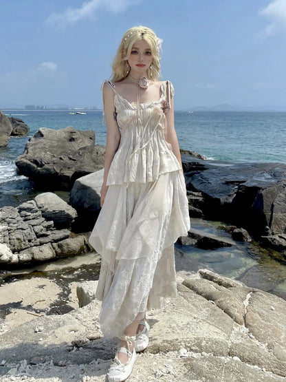 Rose bustier and halter top for women irregular bustier skirt set super fairy retro country style design sense summer 2024