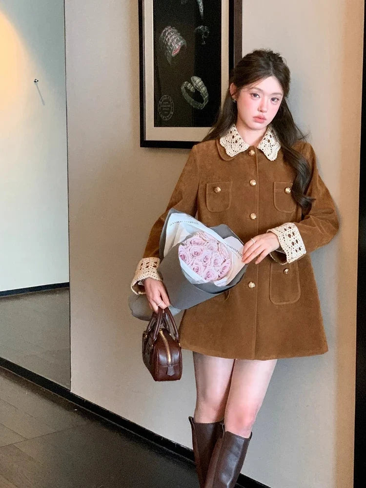 Winter Kawaii Japanese Fashion Wool Lapel Lace Velvet Women Coat Sweet 2000s Vintage Cute JK Preppy Style Chic Casual Outerwears