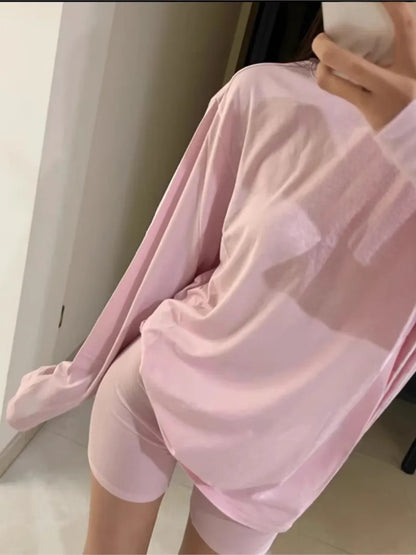 Solid Cozy Home Suits For Women Summer Crew Neck Long Sleeve Loose T-shirt+Slim Shorts Sets Simple Casual Fashion Two-piece Set