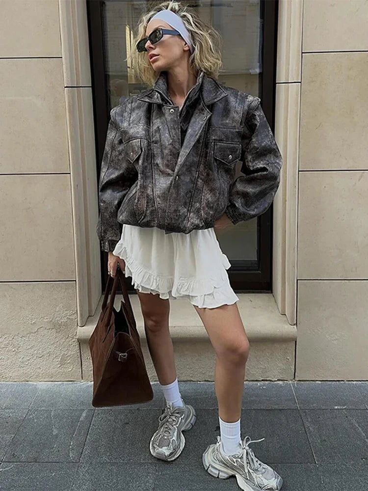 Women's Cropped PU Leather Jacket Chic Turn Down Collar Zipper Gradient Color Female Retro Coat Autumn Motorcycle Outwears