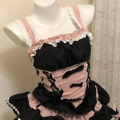 New Lolita Japanese Maid Suit Suspender Lace Bow Upper and Lower Suit Two-dimensional Sweet Cute Cos Comic Show Cake Skirt
