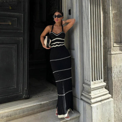 Striped Mixed Knit Scoop Neck Side Slit Maxi Dress