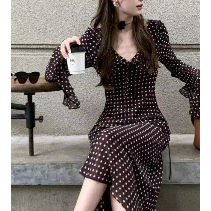 Spring and Summer New Temperament Long-sleeved V-neck Classic Polka Dot Long Dress Women's Clothing