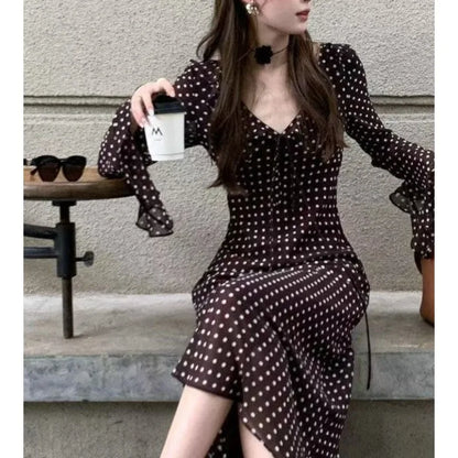 Spring and Summer New Temperament Long-sleeved V-neck Classic Polka Dot Long Dress Women's Clothing