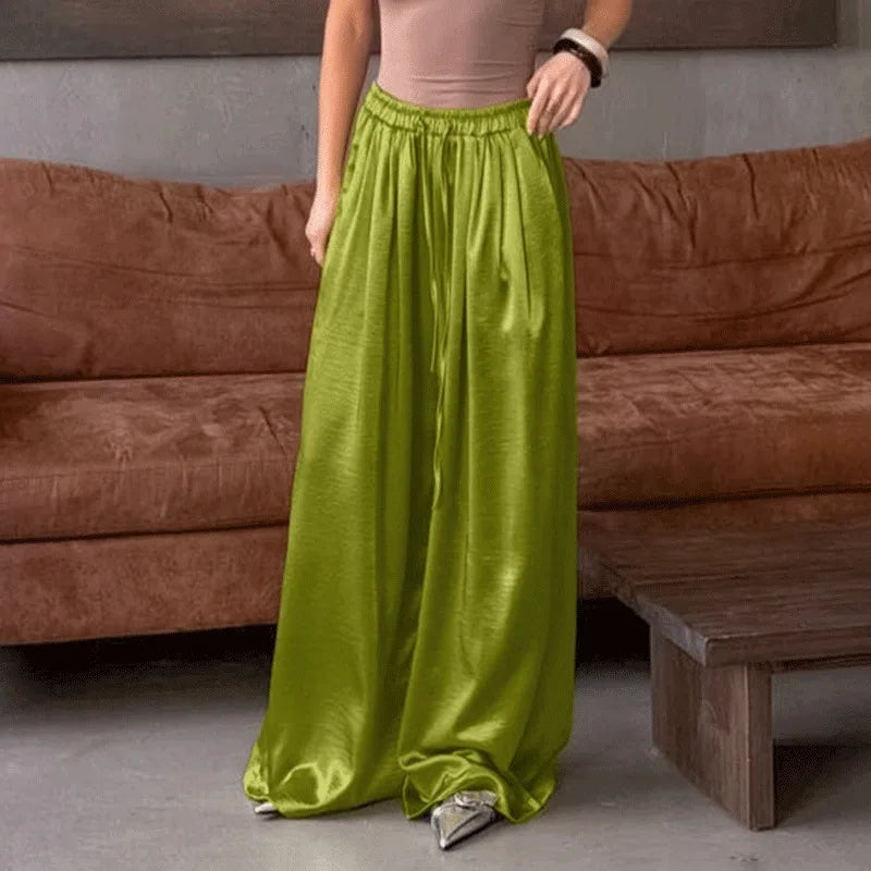 Women's Fashion Satin Pants Solid Vintage Lace Up Patchwork Loose Trouser Summer Elegant Casual Commute Female Trousers