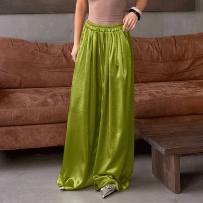Women's Fashion Satin Pants Solid Vintage Lace Up Patchwork Loose Trouser Summer Elegant Casual Commute Female Trousers