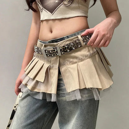 Rhinestone Belts Sexy Y2K Irregular Layered Mesh Cargo Skirts for Womens Summer Fashion High Waist Micro Mini Skirt Female