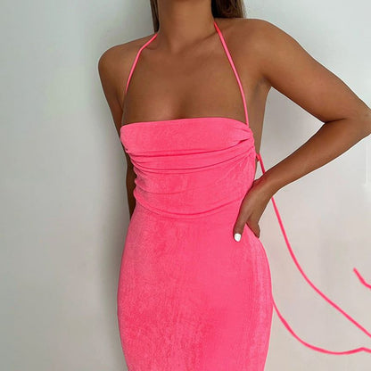 Halter Backless Criss Cross Tie Cowl Back Maxi Dress