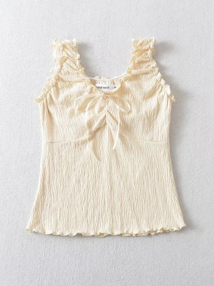 Lacing Patchwork Agaric Laces Crop Tank Top Women Shirring V-Neck Sweet Slim Versatile Vest American Hottie Streetwear