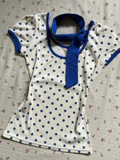 Retro Niche Polka Dot Short Sleeved Round Neck Top T-shirt Slim Spicy Girl Ins Style Y2k Tops
