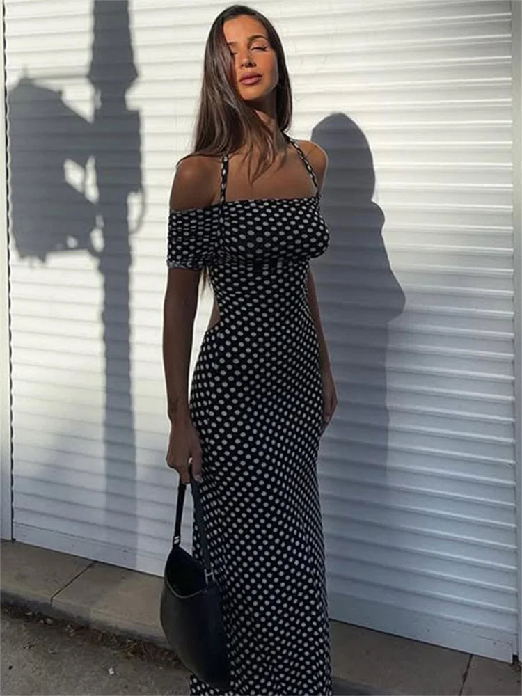 Off-Shoulder Fashion High Waist Long Dress For Women Side Split Printed See-Through Short Sleeve Dress Summer Maxi Dress
