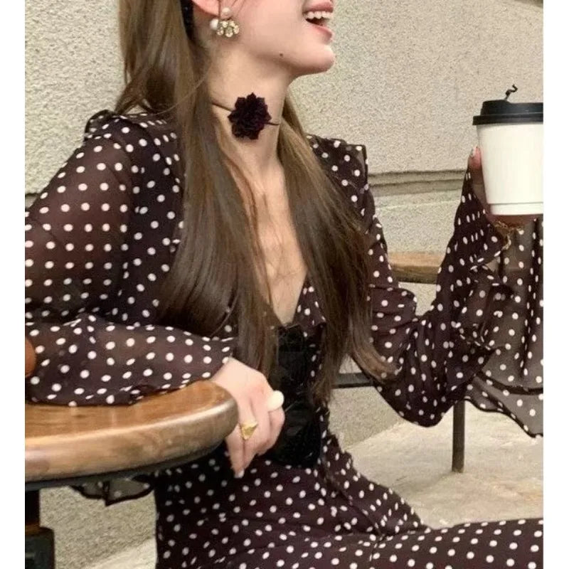 Spring and Summer New Temperament Long-sleeved V-neck Classic Polka Dot Long Dress Women's Clothing