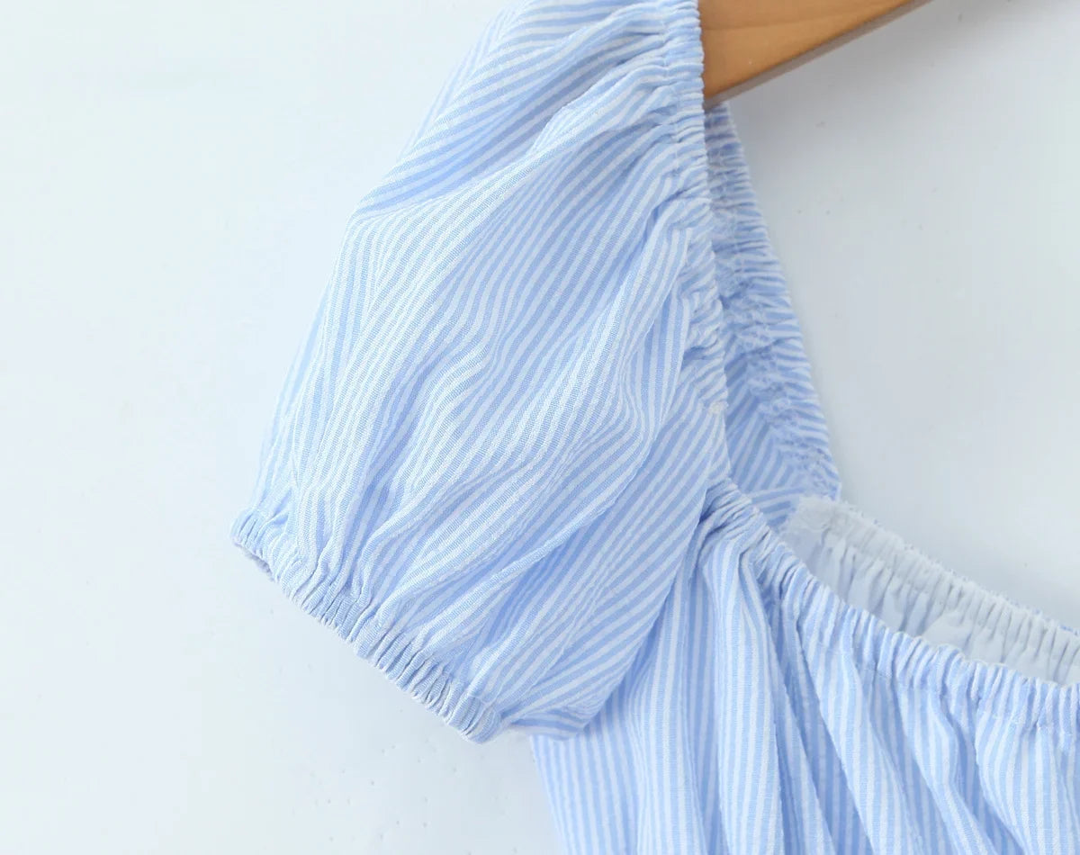 Rural Style Striped Dress New 2026 Women Pink Blue Puff Sleeve Casual Elegant Vacation Summer Dresses Midi Robe