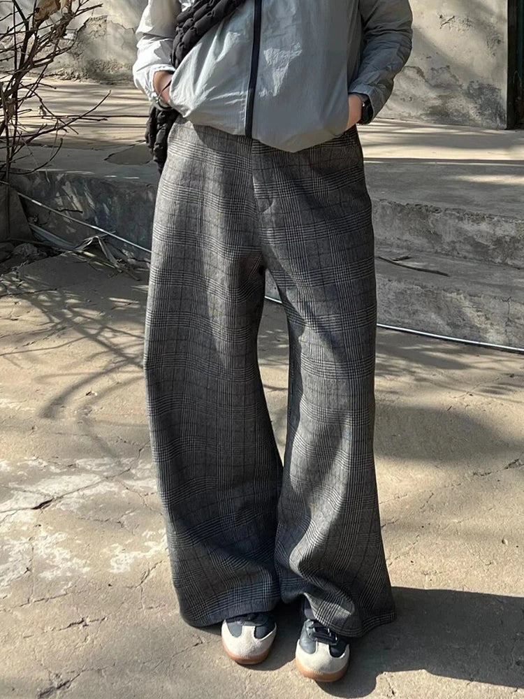 Vintage Women Tartan Bootcut Suit Pants Checkered Draped Tweed Long Trousers High Waist Wide Leg Pants Casual Streetwear