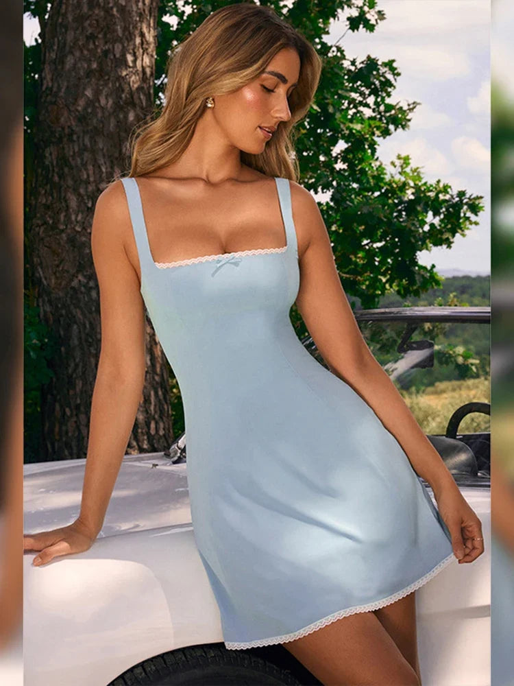 Square Collar Slip Lace Mini Dress For Women Elegant Slim Party Dresses Patchwork Sexy Backless Bow Knot Lady Summer New