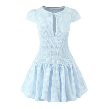 Light Blue Plaid Slim Fit Bud Mini Dress Women Short Sleeve O Neck Casual Holiday Summer Dresses Female 2026 Robe